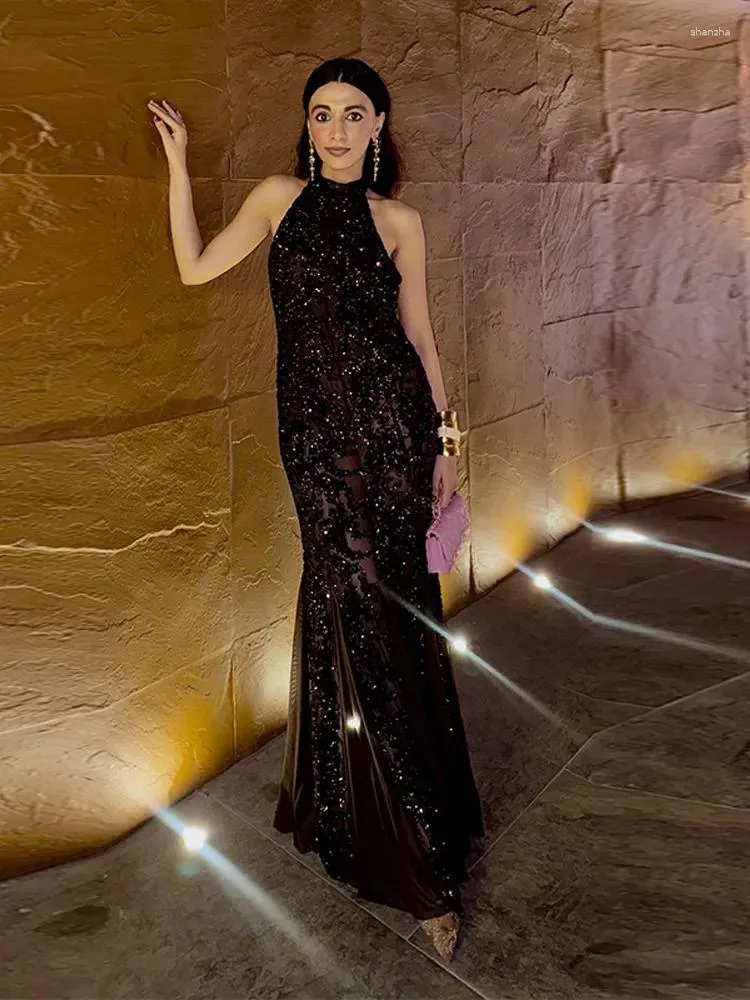Casual Dresses Elegant Sequin Maxi Evening Dress Halter Neck Open Back  Womens Formal Party Prom Gown Sparkling Festival Female Long From 36,99 €