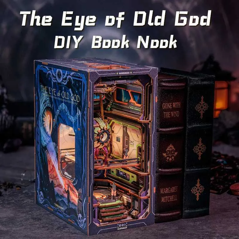Cutebee DIY Wooden Book Nook Dollhouse with LED Dust Cover Bookshelf ...