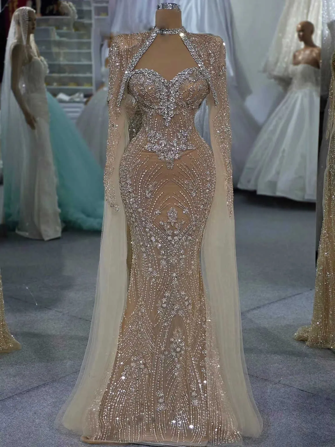 nude long sleeve prom dress White Lace Feathers Nude Beige Sheer Mermaid Prom Dress, Dress + Feather Scarf