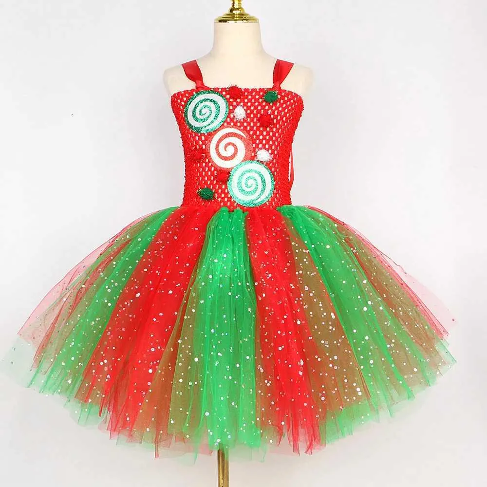 Kids Girls Christmas Sleeveless Sequins Bow Stripes Mesh Tutu Dress Red