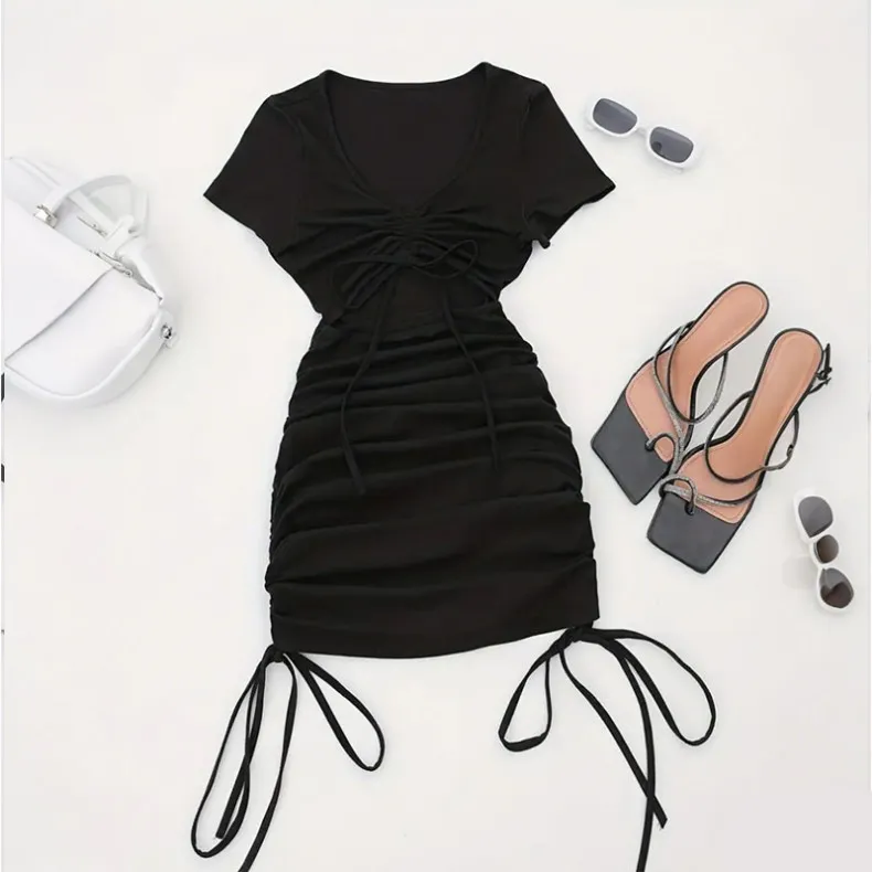 drawstring bodycon dress Our Solid Ruched Drawstring Knot Bodycon Dress is such a vibe