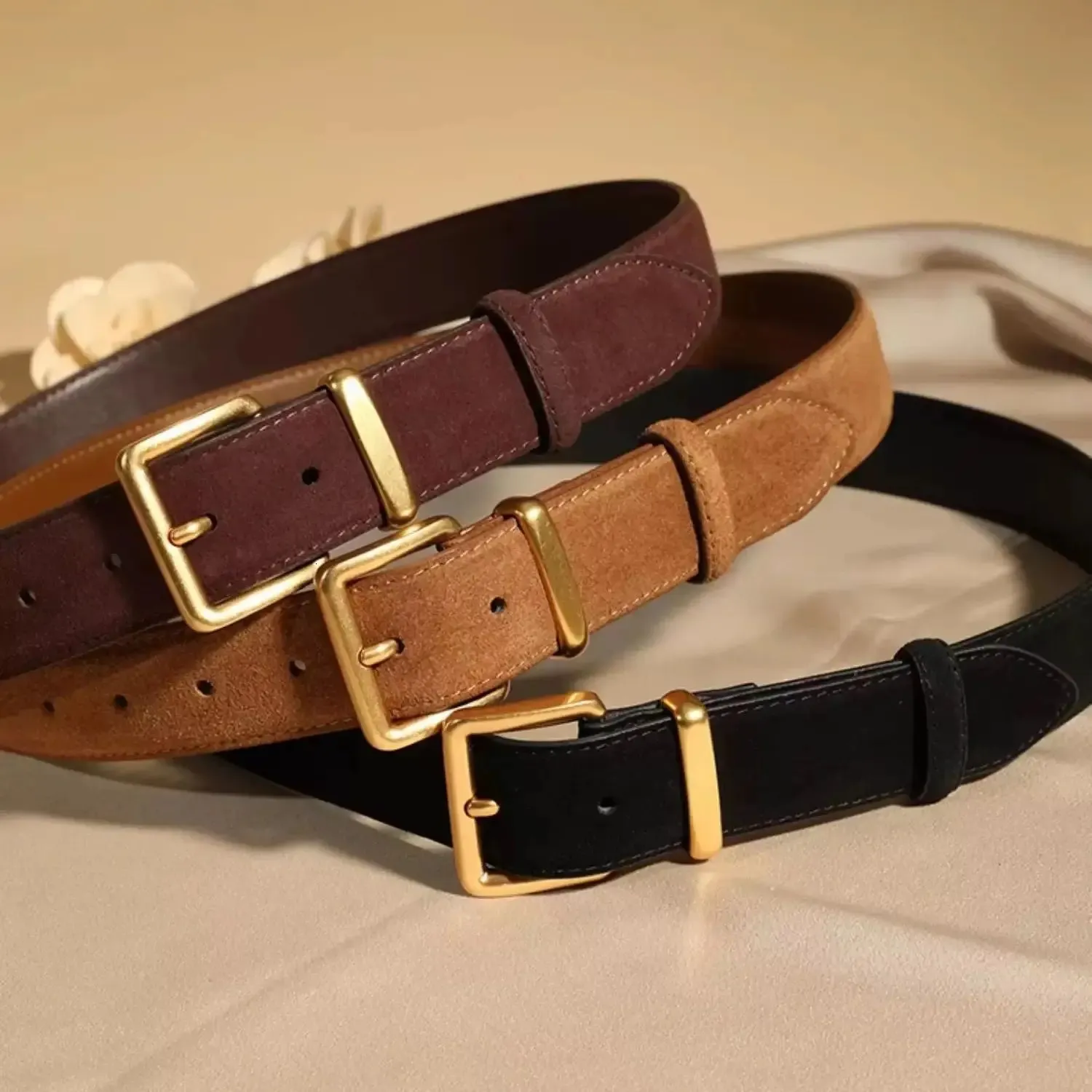 Vintage Style Genuine Cowhide Suede Leather Belt with Gold  display picture 1
