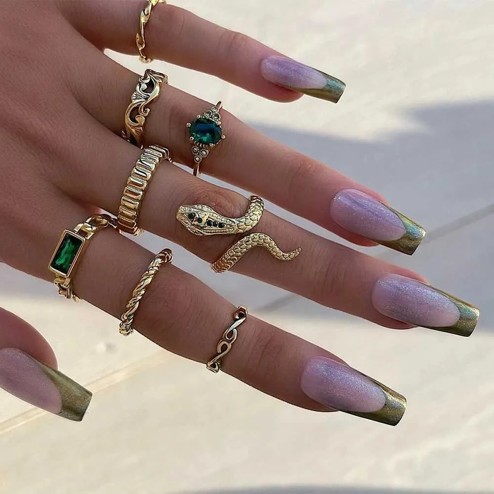 Vintage Schlangen Und Geometrisch Ring Set Mit Strass 8er Set_voghion.com