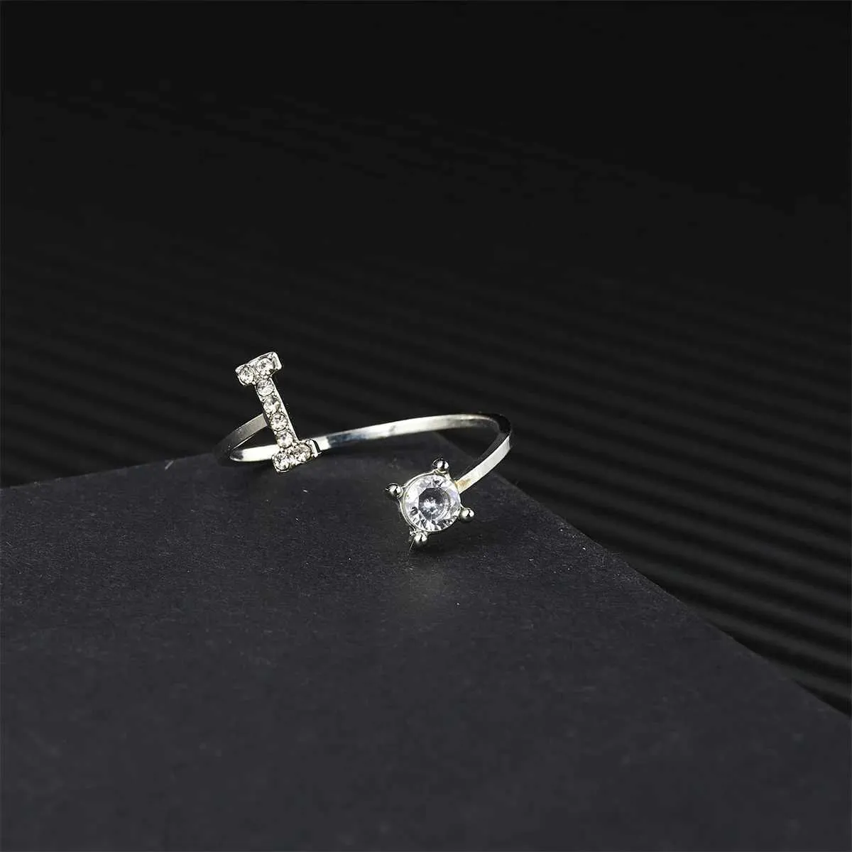 Silver Zircon Initial Letter Ring Adjustable Ring For Women_voghion.com