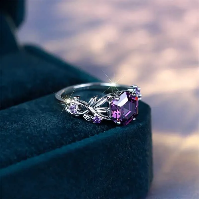 Vintage Purple Hexagon Zircon Twist Ring Silver Designer Jewelry_voghion.com