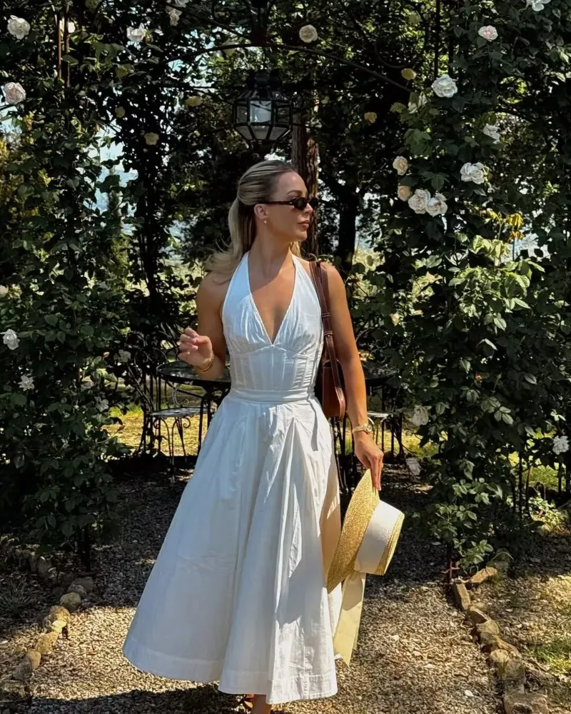 knee length dresses for ladies Flying Tomato Sleeveless Printed Tie-Waist Halter Pleated Maxi Dress - main image 1