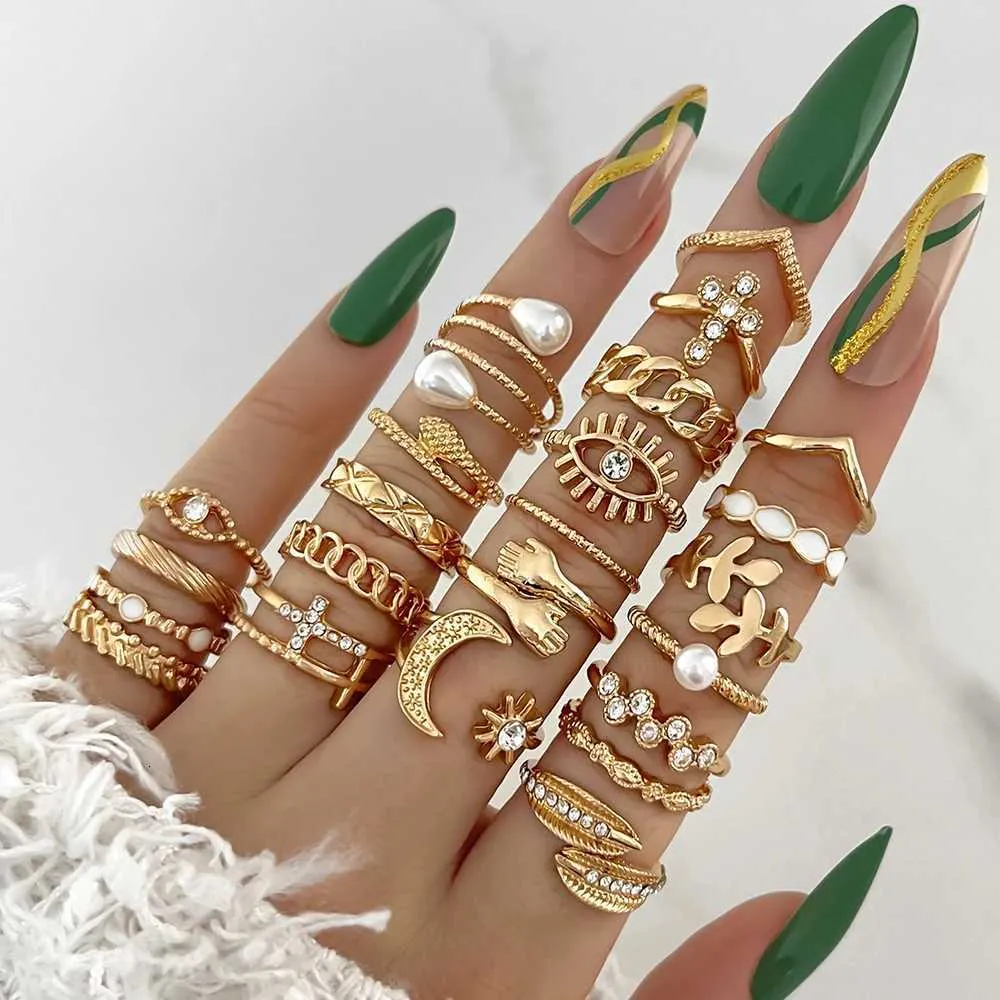 Designer ringar set vintage stil måne och stjärna guld_voghion.com