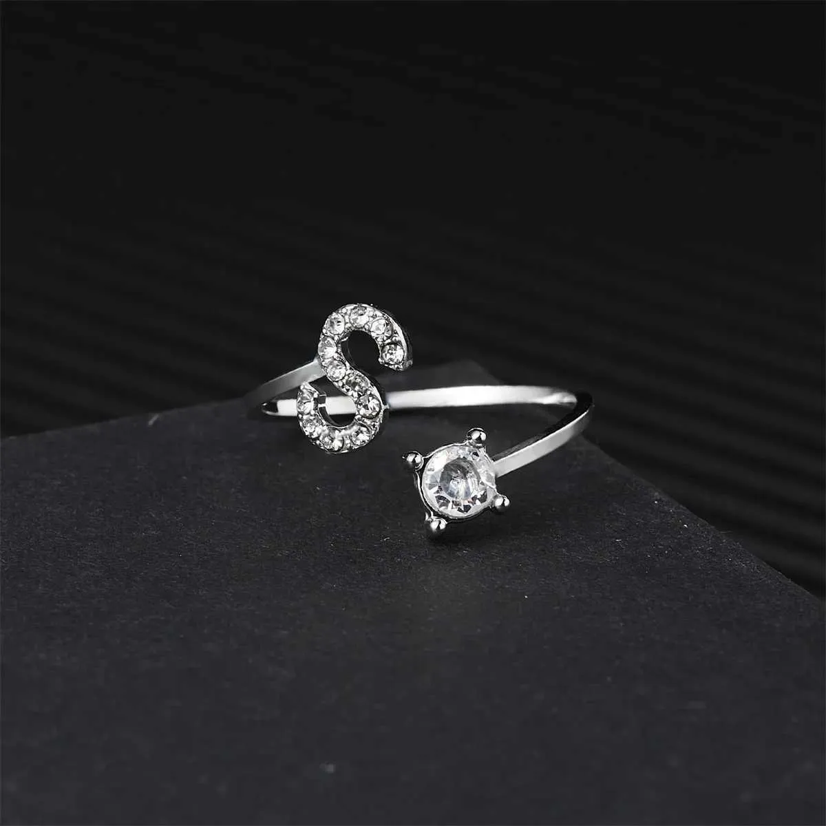 Silver Zircon Initial Letter Ring Adjustable Ring For Women_voghion.com