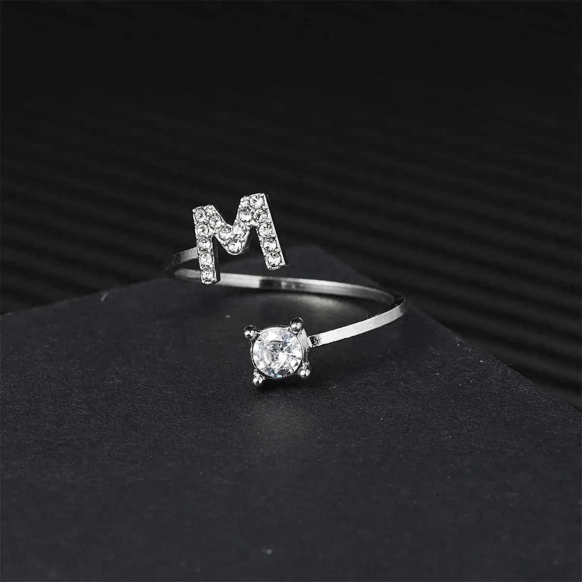 Silver Zircon Initial Letter Ring Adjustable Ring For Women_voghion.com