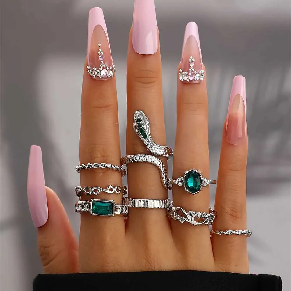 Vintage Schlangen Und Geometrisch Ring Set Mit Strass 8er Set_voghion.com