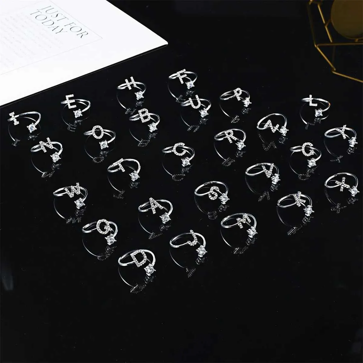 Silver Zircon Initial Letter Ring Adjustable Ring For Women_voghion.com