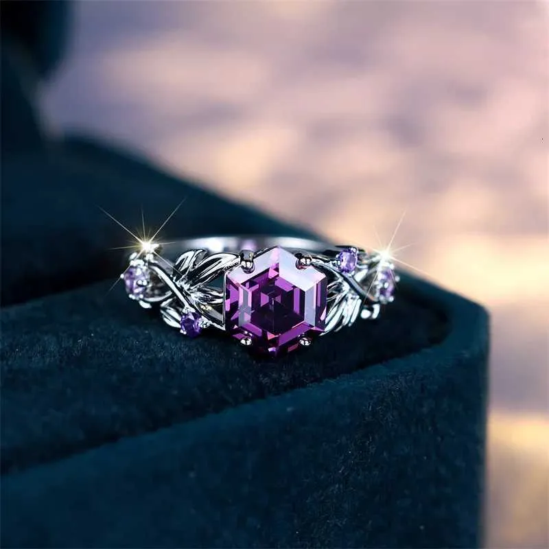 Vintage Purple Hexagon Zircon Twist Ring Silver Designer Jewelry_voghion.com