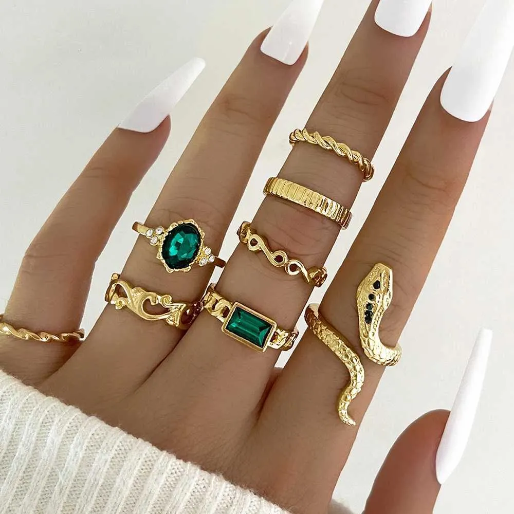 Vintage Schlangen Und Geometrisch Ring Set Mit Strass 8er Set_voghion.com