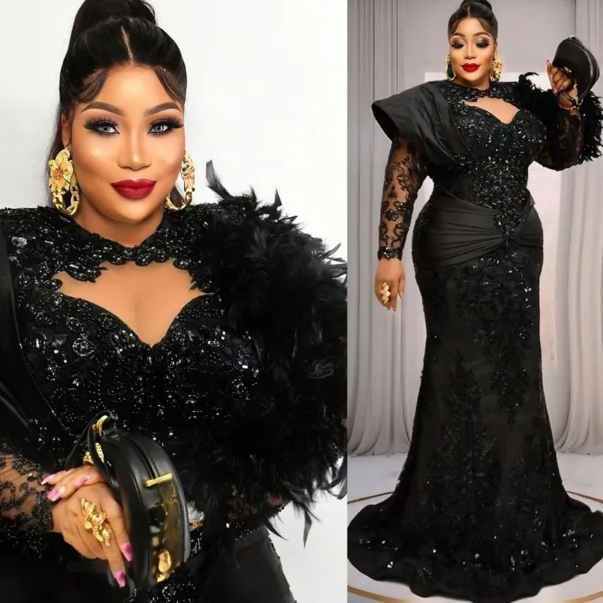 Sequined Lace Feather Black Mermaid Prom Black sparkly dress with Full Sleeves - Perfect for Evening Formal Parties, Second Birthday, and Engagement -