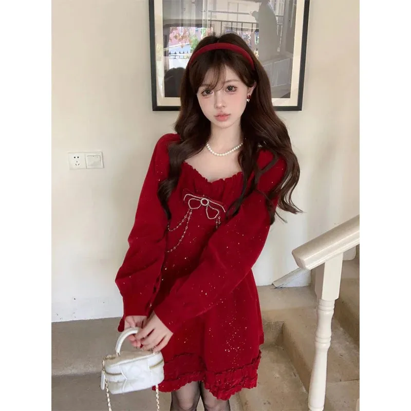 red winter mini dress Red Wool Mini Dress with Long Sleeves and PU Collar for Winter  YLISTYLE
