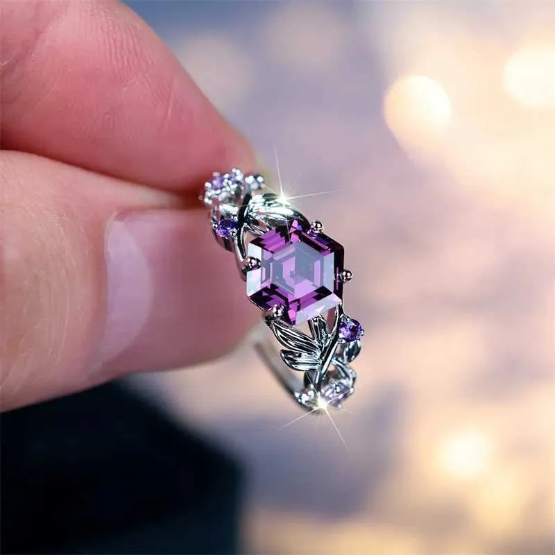 Vintage Purple Hexagon Zircon Twist Ring Silver Designer Jewelry_voghion.com