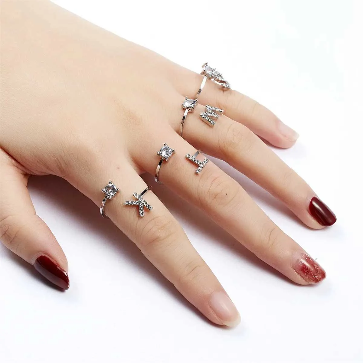 Silver Zircon Initial Letter Ring Adjustable Ring For Women_voghion.com