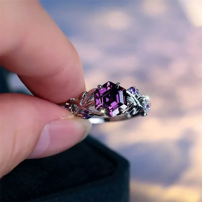 Vintage Purple Hexagon Zircon Twist Ring Silver Designer Jewelry_voghion.com