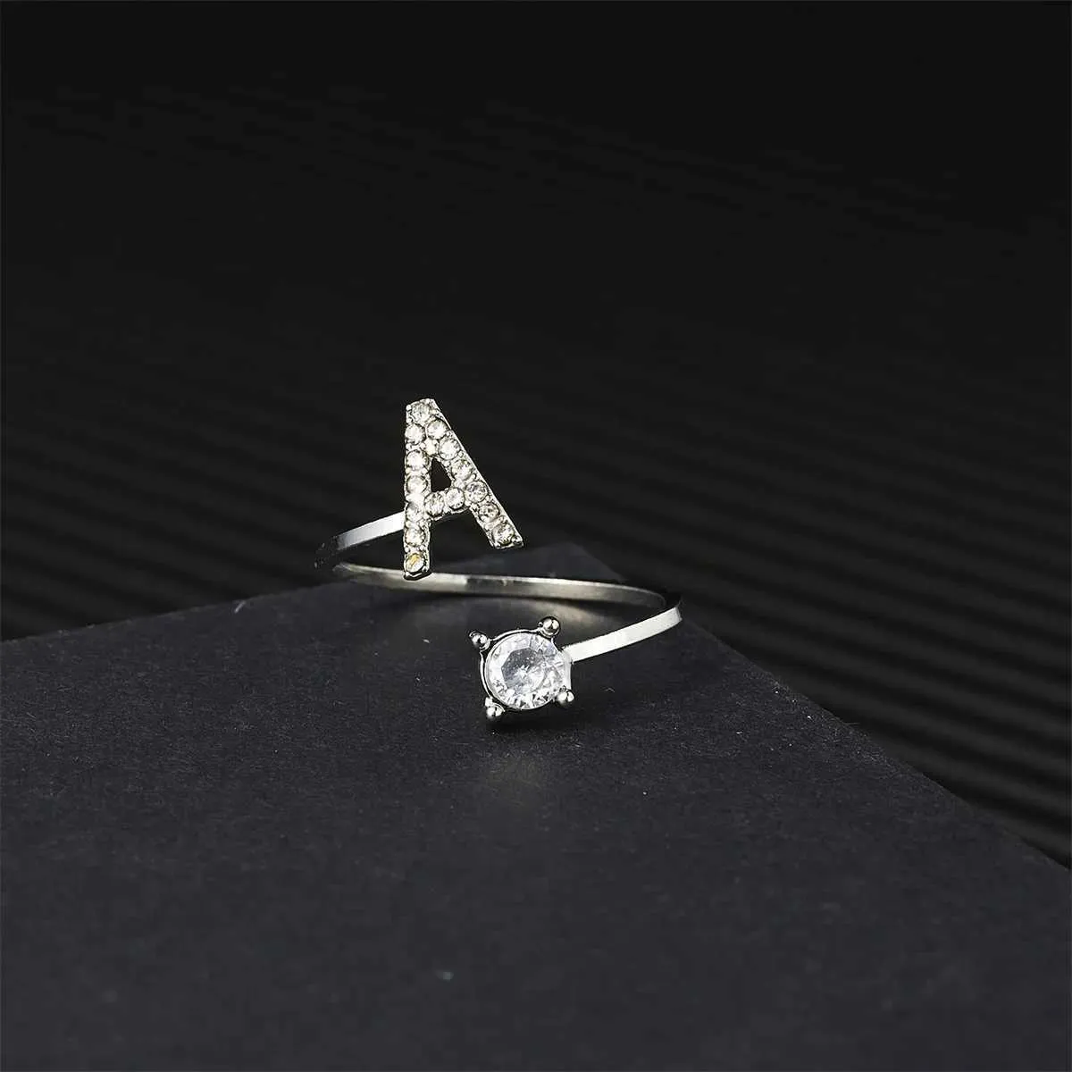 Silver Zircon Initial Letter Ring Adjustable Ring For Women_voghion.com