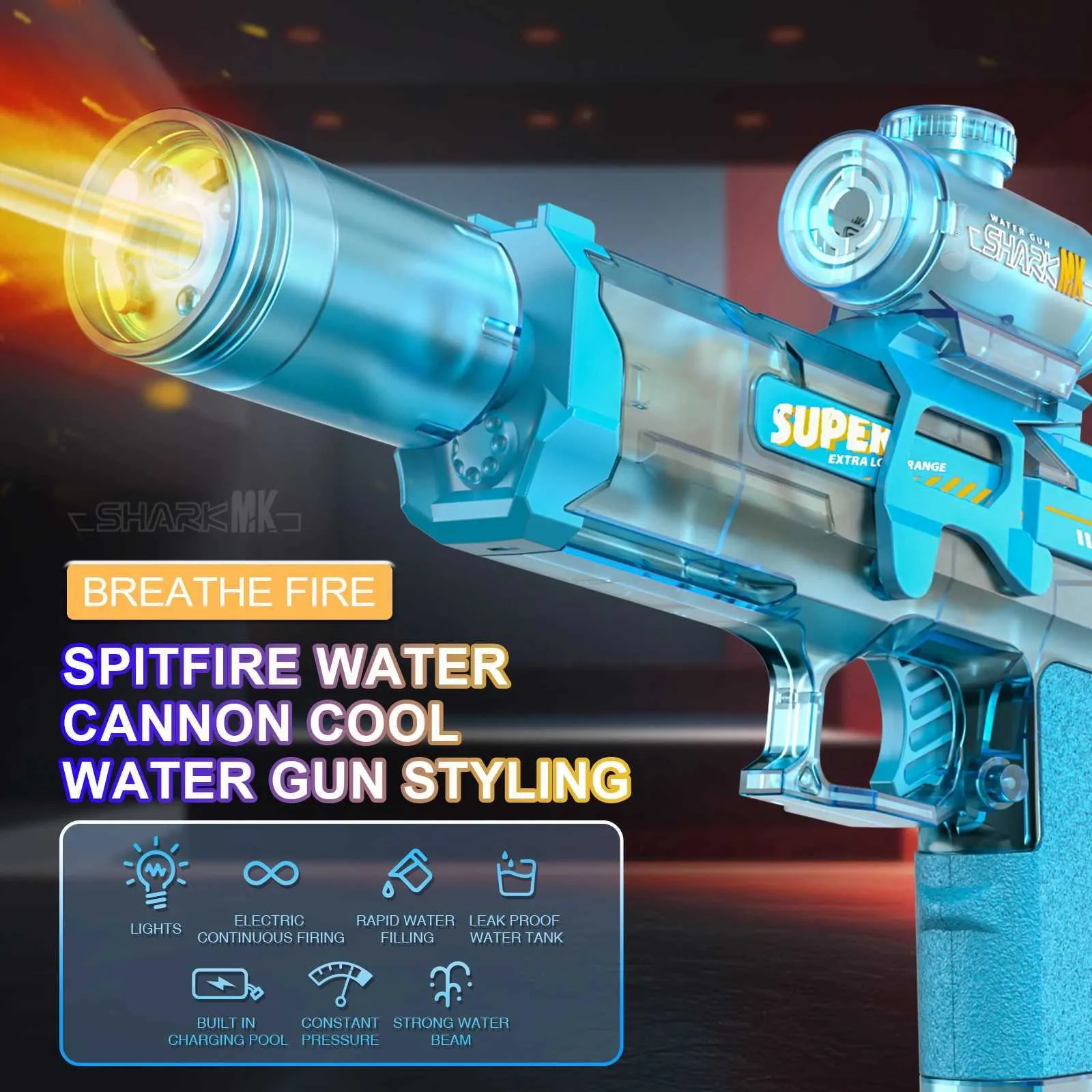 Un Pistolet à Eau Automatique Type Shark avec Lumières Led, Jouet Blaster d'Été pour l'Extérieur pour Enfants, Pistolet à Jet à Tir Continu, Réservoir d'Eau Grande Capacité, à Piles, 19,7 Pouces