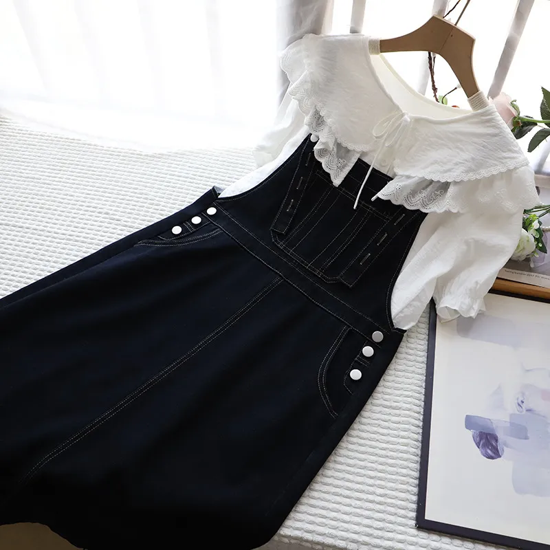 korean fashion overall dress Women's Korean Slim Fit Denim Splicing Dress Fashion Long Sleeve Overall Dress