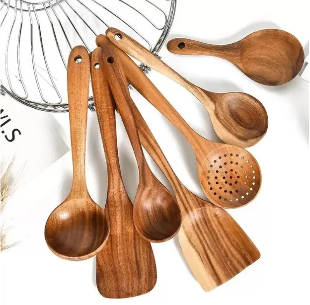 Teak Wood Kitchen Utensils Set   Long Handle Spoon,... 