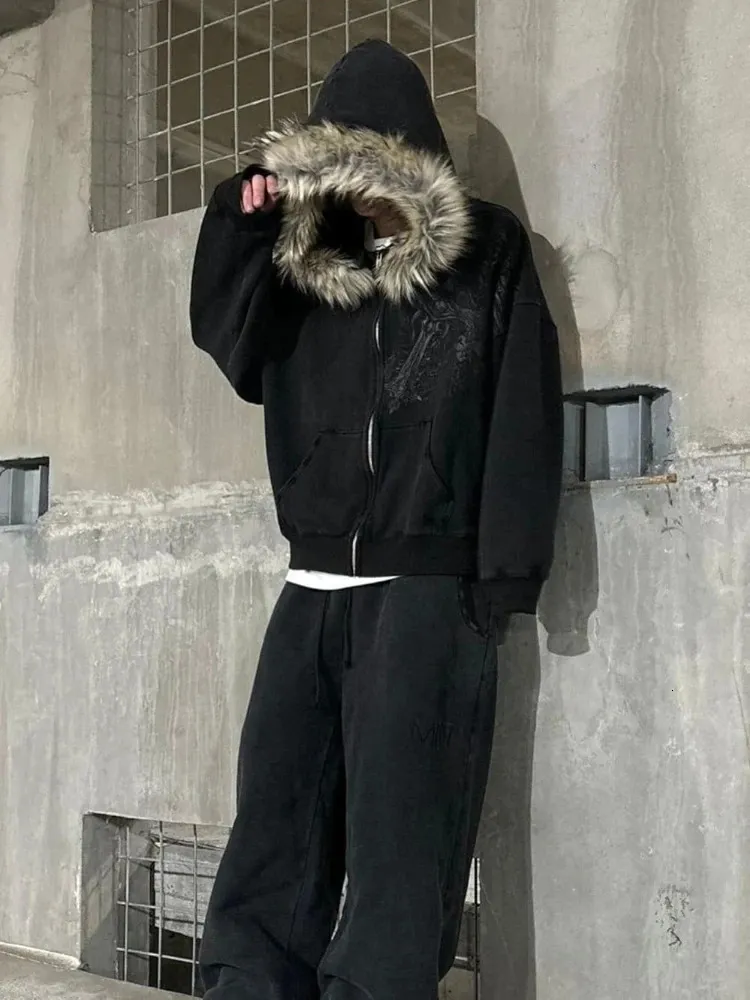 Felpa Con Cappuccio Uomo Oversize Y2K Zip Up: Giacca In Pile Con Drago Gotico, Stile Grunge Anni 90, Punk Streetwear