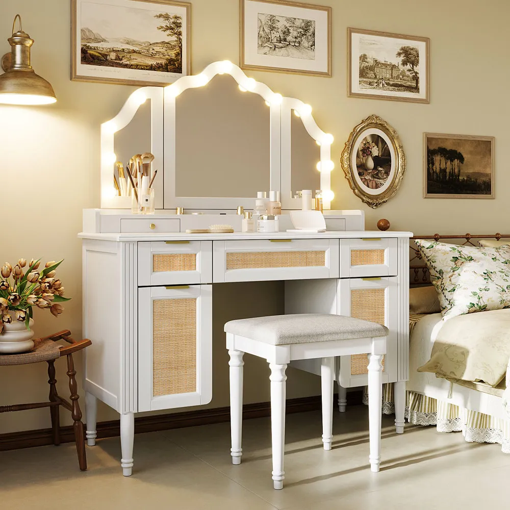 Toeletta da Trucco Grande con Illuminazione a LED, 3 Colori, Luminosità Regolabile, Tavolo da Trucco con Specchio, 9 Cassetti, 9 Ripiani Aperti, Stile Moderno, Bianco-Argento