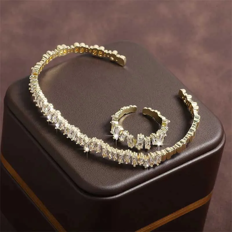 Zakol Adjustable Open Bangle Ring Jewelry Set With Cubic Zirconia_voghion.com