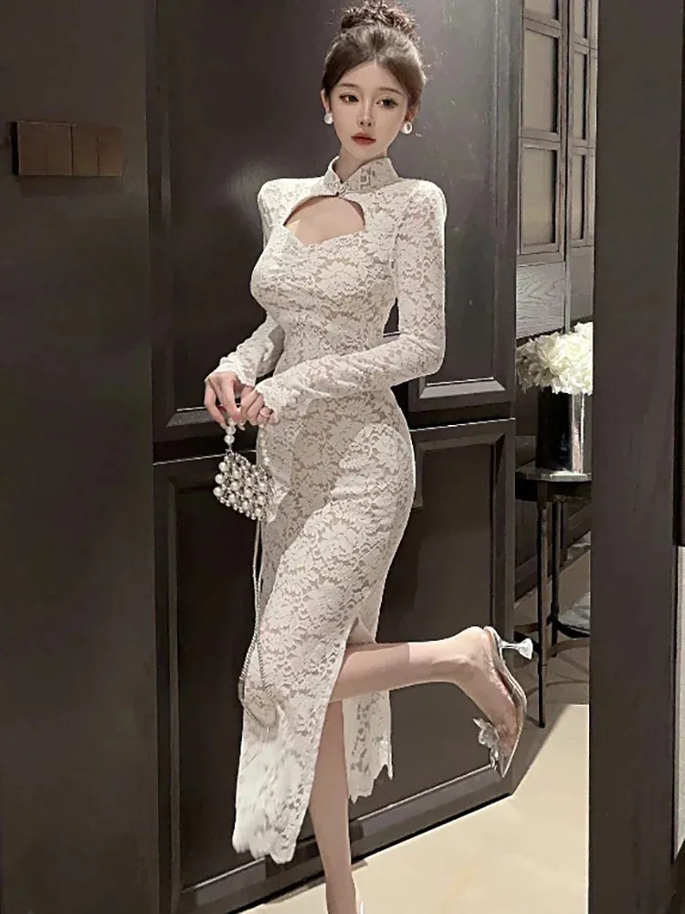 Women Elegant Formal Dress Korean Bodycon Fesitval Party Dress Autumn Winter White Lace Hook Flower Hollow Sexy Long Dress 251212 Women Elegant Formal Dress Korean Bodycon Fesitval Party Dress Autumn Winter White Lace Hook Flower Hollow Sexy Long Dress 251212