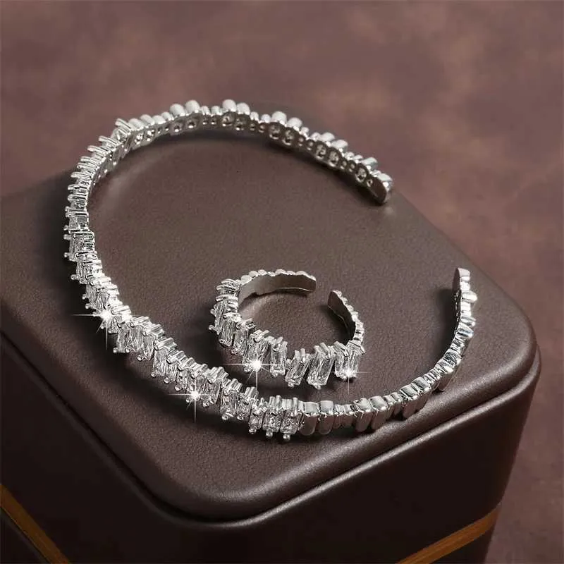 Zakol Adjustable Open Bangle Ring Jewelry Set With Cubic Zirconia_voghion.com