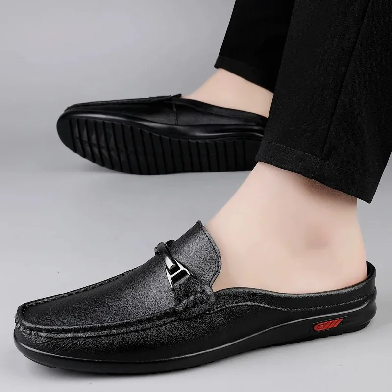 Men Casual Summer Hollow Out Mens Driving High Quality Male Business Shoes Half Slippers Genuine Leather Loafers 251217_vogvips.com