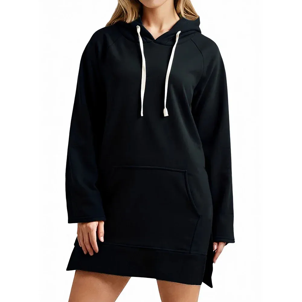 Womens Black Hoodie Dress Slit Hem Drawstring Loose... From 16,77  | DHgate