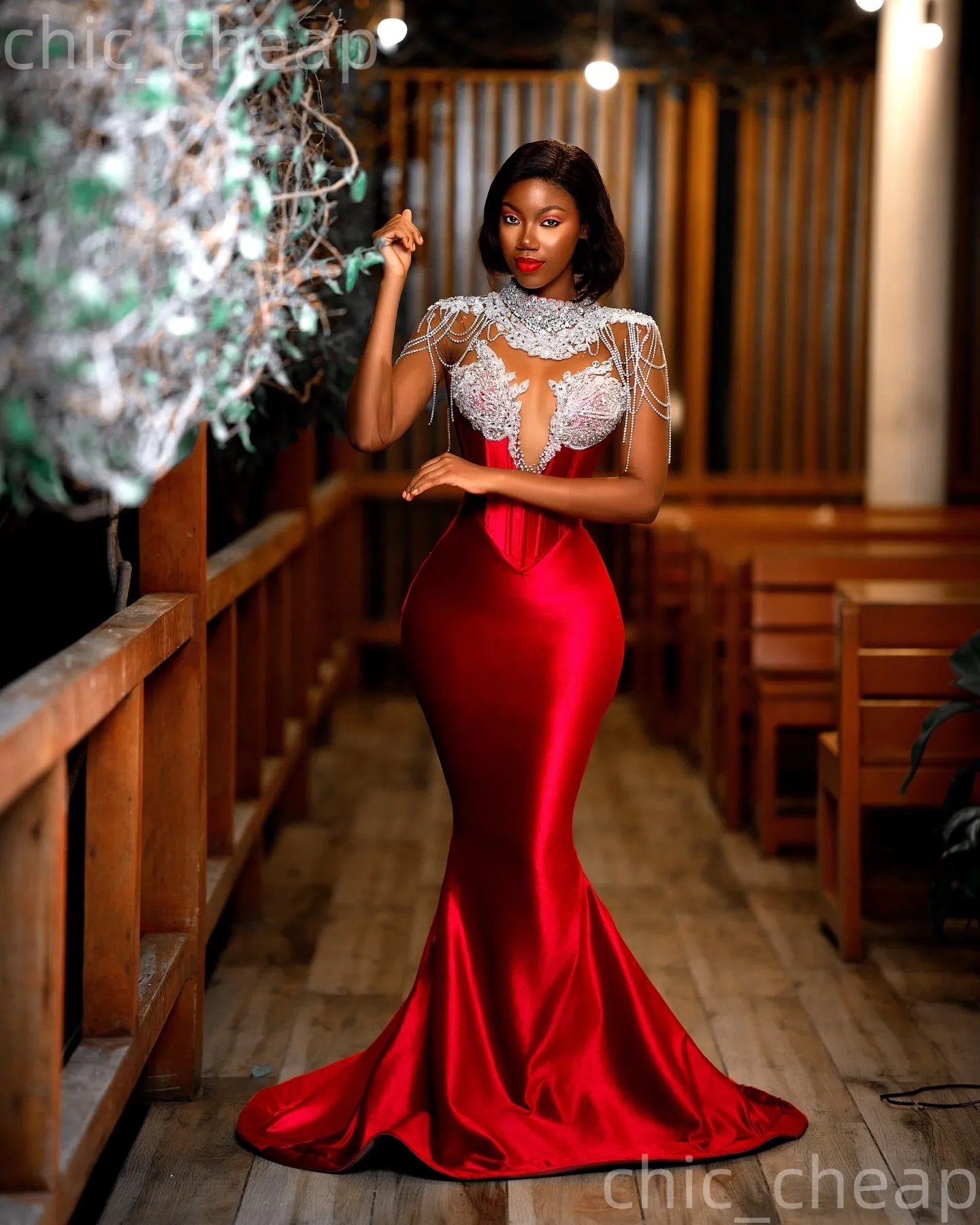 chinese dress ladies Malia Red Mermaid V Neck Glitter Satin Prom Dress