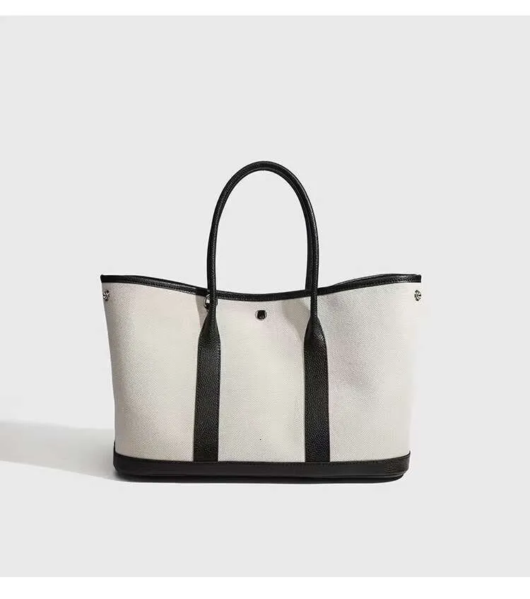 Canvas Patchwork Tote Bag Large Capacity Commuter Handbag Black_voghion.com