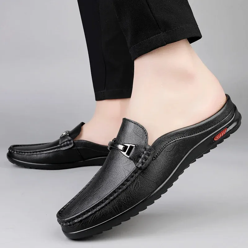 Men Casual Summer Hollow Out Mens Driving High Quality Male Business Shoes Half Slippers Genuine Leather Loafers 251217_vogvips.com