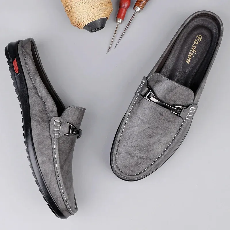 Men Casual Summer Hollow Out Mens Driving High Quality Male Business Shoes Half Slippers Genuine Leather Loafers 251217_vogvips.com