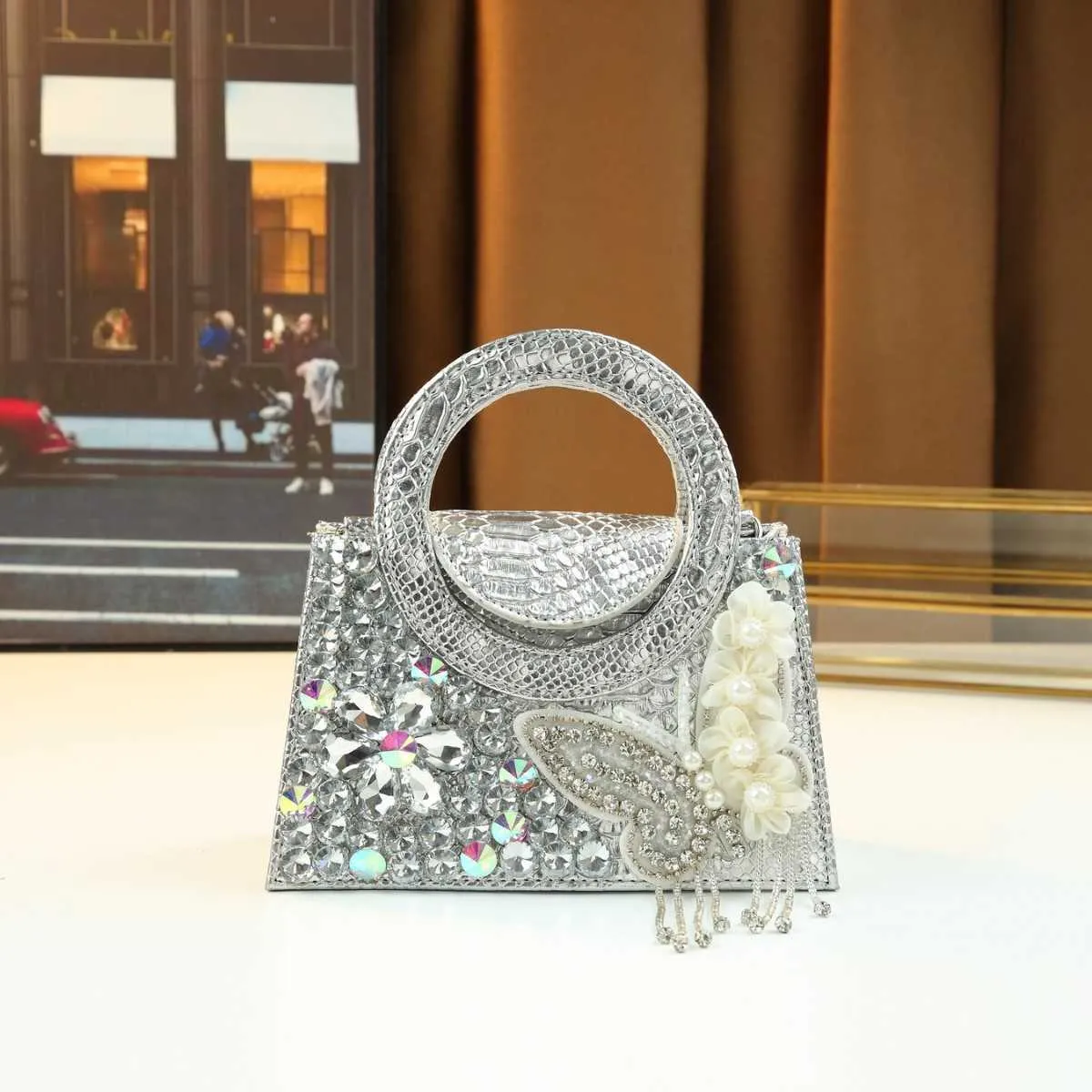 Rhinestone Pearl Decor Evening Bag with Butterfly Accent, Medium Hard ...