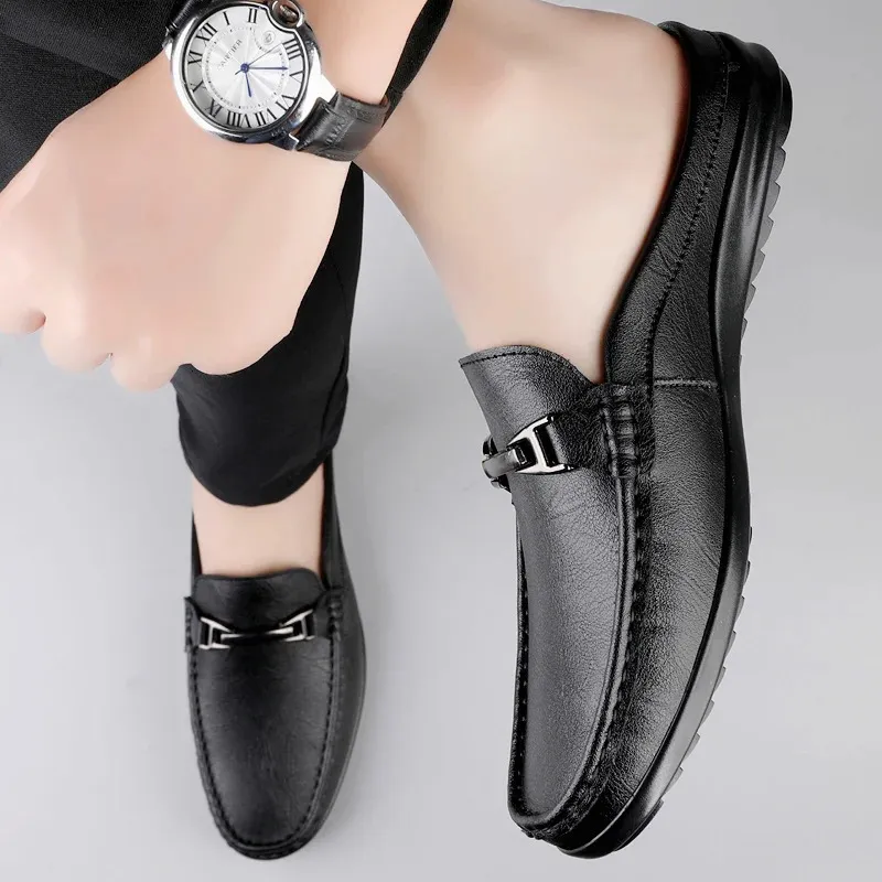 Men Casual Summer Hollow Out Mens Driving High Quality Male Business Shoes Half Slippers Genuine Leather Loafers 251217_vogvips.com