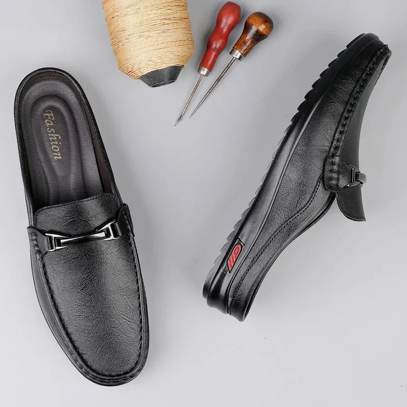 Men Casual Summer Hollow Out Mens Driving High Quality Male Business Shoes Half Slippers Genuine Leather Loafers 251217_vogvips.com