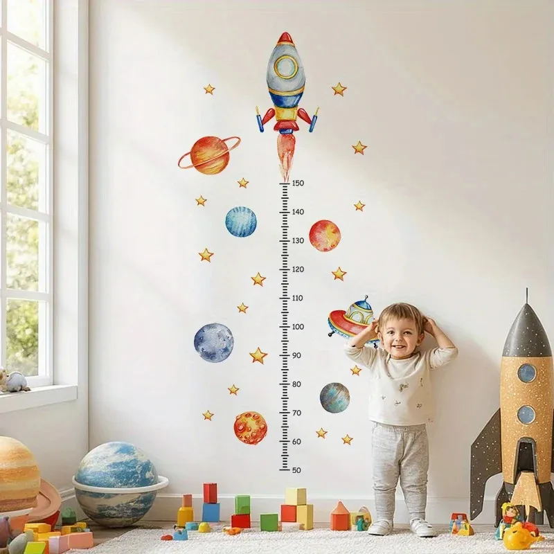 Space-Themed Growth Chart Wall Decal for Kids Room Cartoon Rocket ...