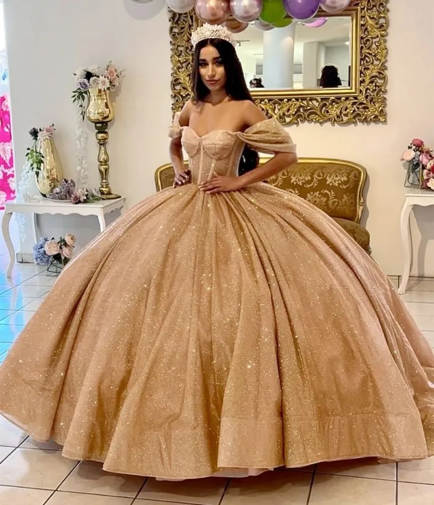 gold sweet sixteen dresses Ball Gown Sequins Quinceanera Dress 16 With Pocket and an off Off-Shoulder Yellow Lace Applique Ball