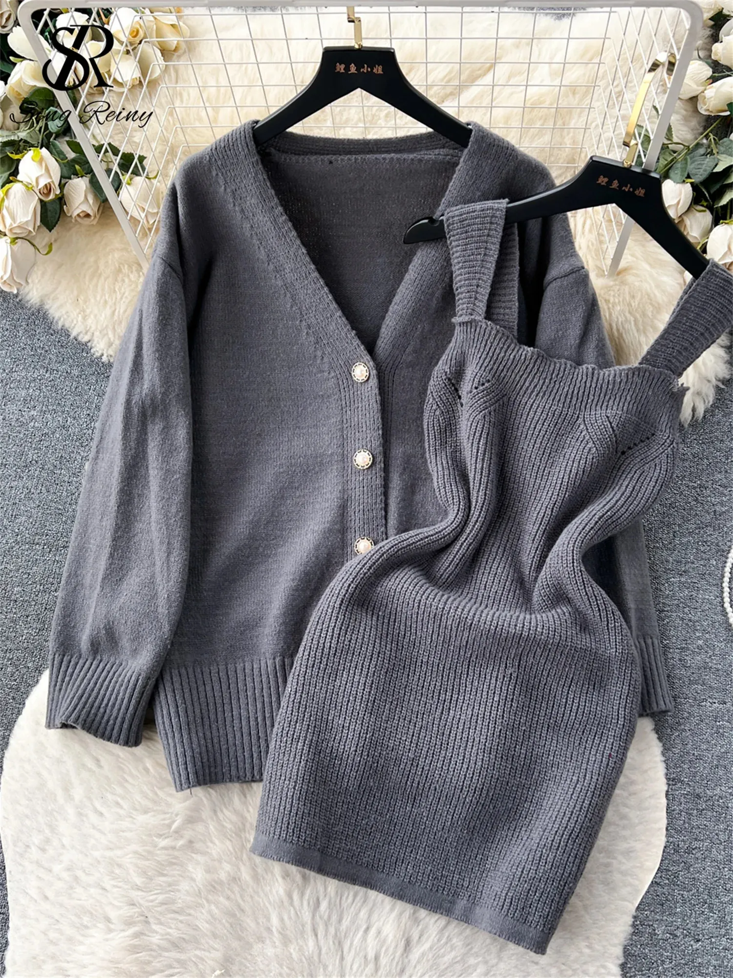 knit dress korean set SINGREINY Style Knitted Two-Piece - Slim Mini Sweater & Casual Loose Cardigan for Women LowStock:43566605238323
