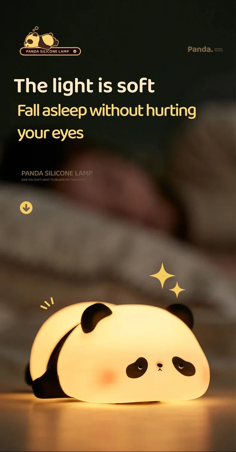 Panda LED Night Light Silicone Touch USB Rechargeable Night Lamp for ...