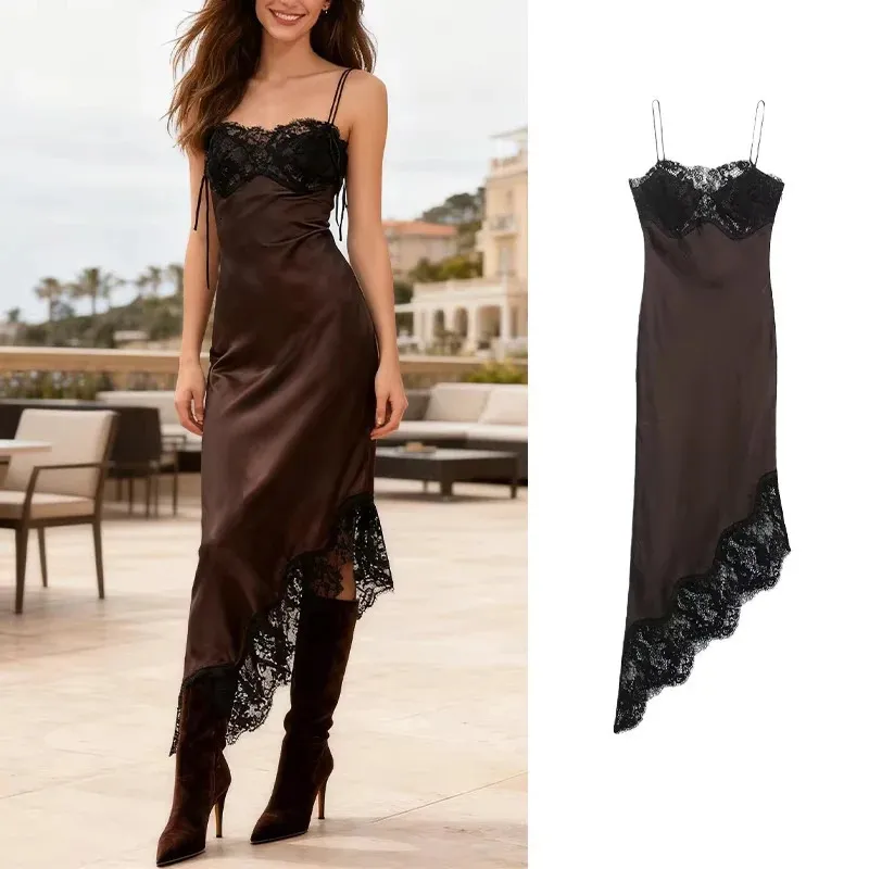 brown silk dress with black lace Sexy Club Fitted Satin Slip Dress, Floor-Length Trim, Spaghetti Strap, Asymmetric Hem, Short Sleeve Chiffon Dress for Modern Irregular Hem