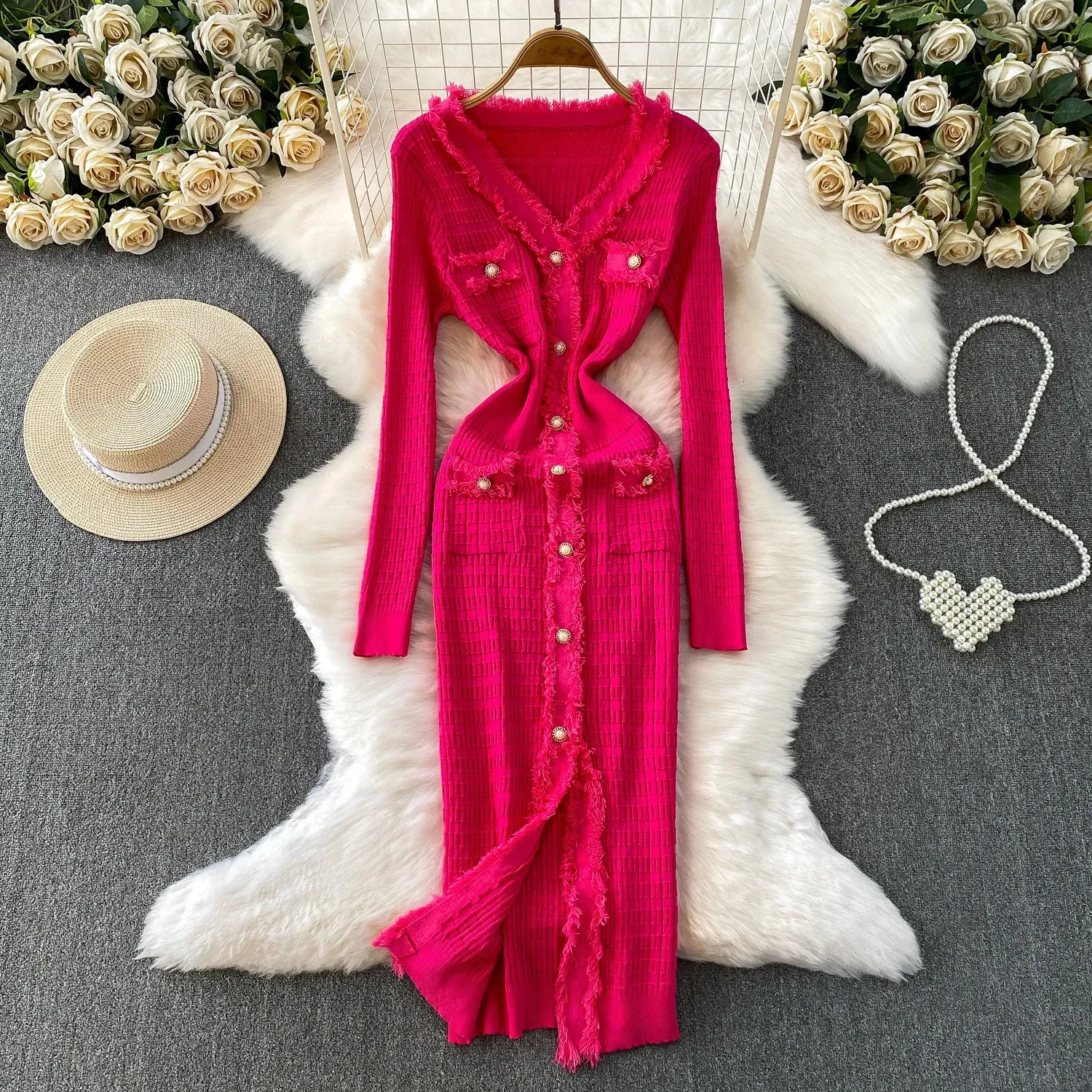 kimono sleeve knitted maxi dress Long V-neck Floor-Length Sweater with Short Sleeves and Piping Decoration from Dhgate Basic & Casual Dresses Cotton kimono