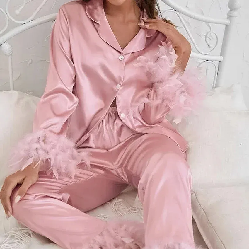 Summer Women Feather Decor Pajamas Set Acrylic Satin Silk Button Shirt ...