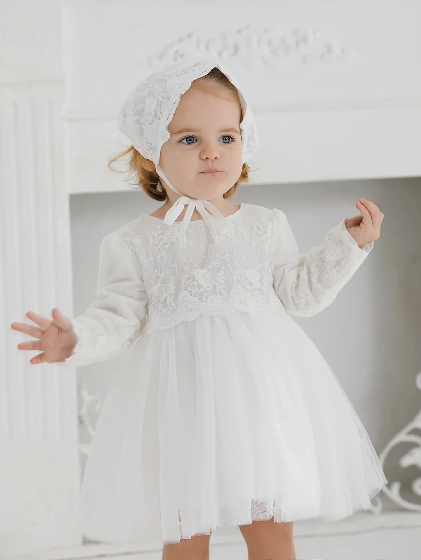 long sleeve baptism dress long sleeve lace baptism dress Lilliana Couture Baptism Heirloom Gown Milky  White / 9-12M