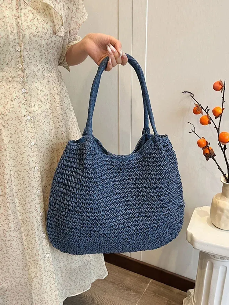 Straw Tote Handbag Large Capacity Vintage Shoulder Bag Solid Color ...