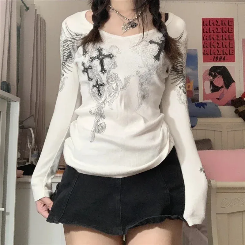 Y2k Graphic Cross Wings Print Long Sleeve Women From 17,46